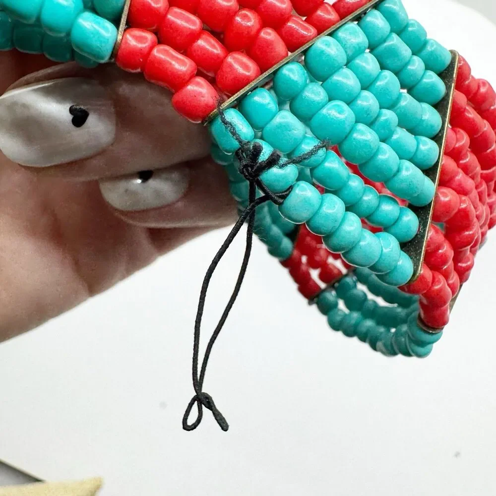 Coral Turquoise Glass Seed Bead Color Block Stretch Bracelet Boho Southwest